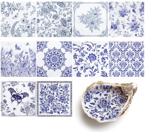 30 Pack Decoupage Napkins, 10 Styles Blue and White Floral Paper Napkins | Chinoiserie Decorative Decoupage Napkin Printed Cocktail Paper for DIY Crafting Birthday Party Baby Shower