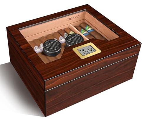 Cigar Humidor Brown 50-55 for Cuban Cigars Desktop Cedar Wood Lined Humidor Cigar Box with Electronic Hygrometer and 2 PCS Humidifier (High-Gloss Walnut)