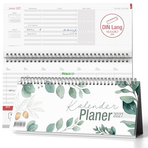TOBJA® Calendrier de bureau 2027 paysage DIN long eucalyptus – Calendrier à poser avec planificateur hebdomadaire, suivi des habitudes, vacances scolaires et vacances – Couché et debout, reliure à