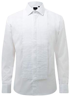 Dobell Mens White Tuxedo Dress Shirt Regular Fit Standard Collar Double Cuff Pleated Fly Front-16