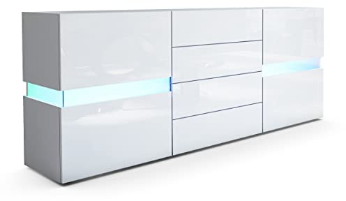 Vladon Sideboard Flow, Blanc Mat/Blanc Haute Brillance y Compris LED - Commode Moderne avec vitrage Ambient Light pour Votre Espace de Vie (177 x 75 x 39 cm)