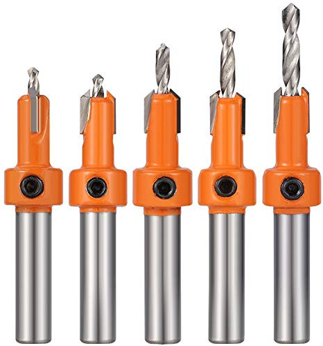 Heyu-Lotus 5 Pcs HSS Countersink Drill Bit Set, Woodworking Chamfer Screws Hole Drills Bit for Wood Drilling, Plastic, Drilling Holes