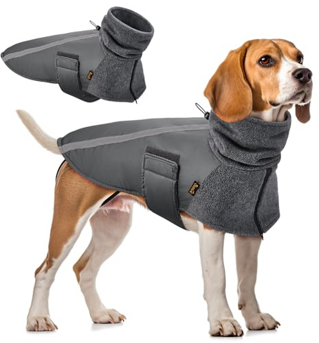 SlowTon Abrigo para Perro Invierno, Cálido Forro Polar para Exteriores con Bufanda De Cuello Alto, Rayas Reflectantes, Chaleco Resistente Al Viento, Juegos Suaves para Mascotas