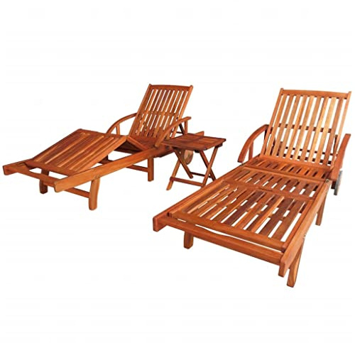 KTHLBRH Sonnenliegen 2 STK. mit Tisch Akazie Massivholz,Outdoor-Liegestuhl, tragbare Garten-Sonnenliege für Terrasse, Deck und Pool