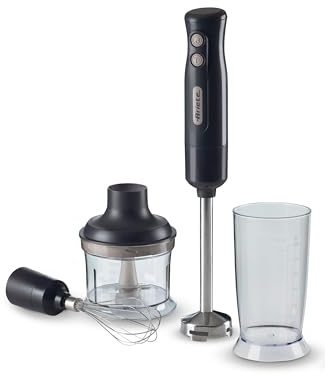 Ariete 0601 Breakfast Line 3 in 1 Hand Blender, 2 Speed settings, Transparent Glass, Minipimer 700W, Whisk & Chopper Included, Dark Grey