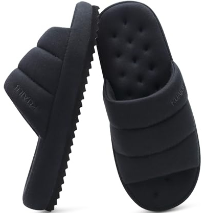 KuaiLu Pantuflas para hombre, de tela de mezcla de algodón, acolchadas, acogedoras, de espuma viscoelástica, para interiores y exteriores, con plantilla acolchada ligera y suave, suela de goma dura