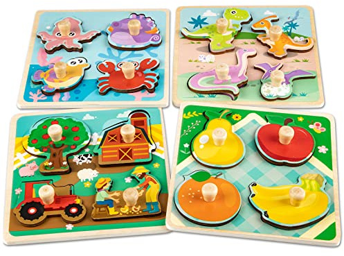 Funsland Puzzle Bois Bebe 1 an - 4 Pièces Puzzle en Bois Enfant Encastrement de Animaux, Jouet Éducatif, Montessori Jouets Cadeaux pour Bebe 1 2 3 an