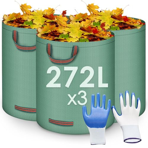 Orientools Sacs à déchets pour feuilles avec poignée robuste, 272 L x 3 sacs collecteurs de feuilles, sac pliable pour outils de jardinage poubelle