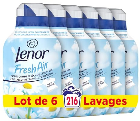 Lenor Fresh Air Adoucissant 216 Lavages (36x6), Gamme Peaux Sensibles, Protection Anti-Odeurs, Fraîcheur Ultra Concentrée, Fabriqué En France
