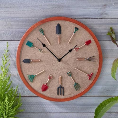 30cm Garden Tools Wall Clock - Traditional Outdoor Garden Clock | Weatherproof Resin Large Round Wall Clock for Patio, Shed, Kitchen, Living Room & Autumn Garden Decor