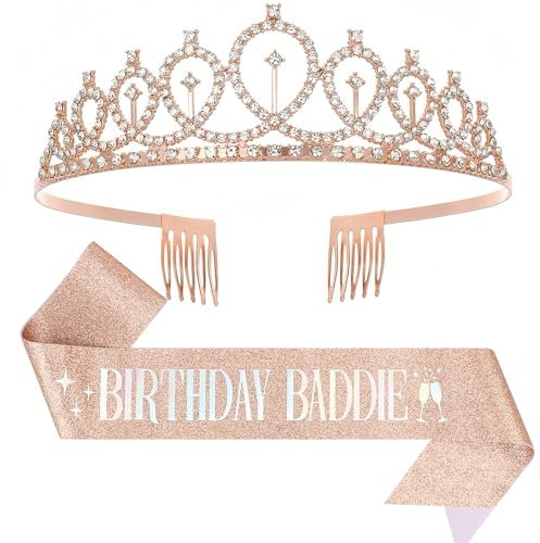 Birthday Baddie Glitter Sash & Tiara Sets,Rose Gold Sash with Safety Pin for Girl & Women Birthday Party Decoration Supplies (Rose Gold)