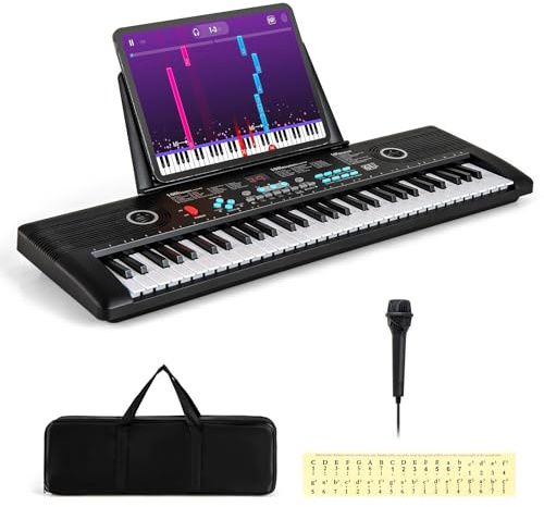 COSTWAY 61 Key Keyboard Piano, Portable Digital Piano with Microphone, Keynote Stickers, Carrying Case, Electric Piano for Beginners (Black)