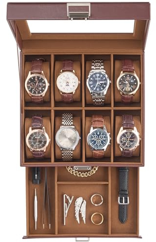 ProCase Boîte à Montres à 2 Niveaux avec Couvercle Transparent, 8 Compartiments et 1 Tiroir, Coffret de Rangement pour Montres, Bagues, Bracelets -Marron