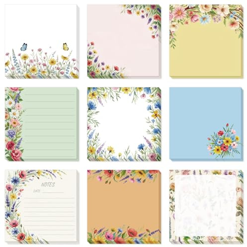 GLOBLELAND 9 Pads 540 Sheets Colorful Wildflowers Sticky Notes Set 3x3 inch Floral Plants Self-Adhesive Memo Pads Flowers Notes for Creative Journaling Home Office Desk Planners Craft Lovers