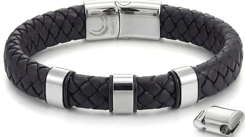 Mauro Vinci stålarmband – färger i rostfritt stål med magnetlås – justerbart från 19,5 cm till 21 cm panorlänkarmband – läderarmband med presentförpackning
