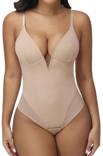 Joyshaper Women Shapewear Bodysuit Tummy Control Slimming Leotard Underwire Body Shaper V Neck Mesh Thong Bodysuit Top