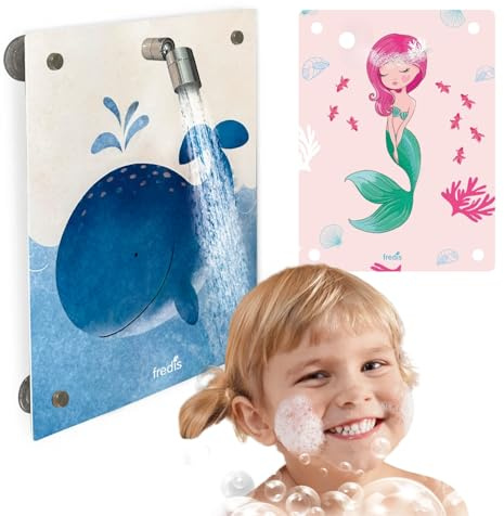 fredis Kinder-Dusche Motiv 'Wal & Meerjungfrau' | Spielerische Wasserabenteuer für Kinder, Montage ohne Bohren, Motiv-Platten zum wechseln mit Duschkopf & Schlauch | Für Selbstständigkeit und Spaß