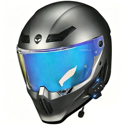 Caschi Moto Integrale Bluetooth Retrò Approvato DOTECE Casco Scooter Integrali Con Visiera Caschi Motocross Racing Per Uomini Donne Elmetto Moto Bluetooth Integrato 24,L=59~60CM