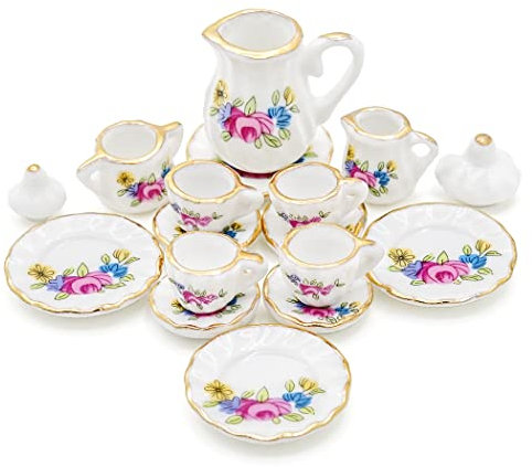 Odoria 1/12 Miniatur Teeservice Porzellan Geschirr Puppenhaus Küche Zubehör, Rosa Blume