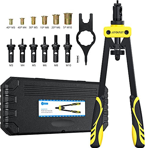 AUTOUTLET Nietmutternzange Set, 14 Profi Nietzangen Nietmutterzange mit 6 Austauschbare Dorne M3 M4 M5 M6 M8 M10 und 150PCS Nietmuttern, Gewindenietzange Nietmaschine Nietmutter Zange Werkzeug(Gelb)
