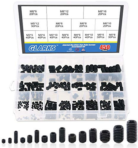 Glarks 450 vis hexagonales internes m3 / M4 / M5 / M6 / M8, kit combiné de vis à tête plate à entraînement hexagonal interne en acier allié noir de grade 12,9