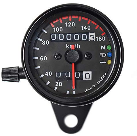DKMOTORK 0021 KM/H Diameter 2.56 Inches Mechanical Motorcycle Speedometer Dual Odometer Gauge with Led Backlight Neutral Headlight Turn Signal Indicator Stainless 12V Black