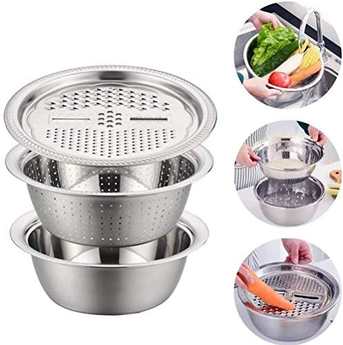 Set di 3 ciotole in acciaio inox da 28 cm con insalatiera e grattugia impilabile per grattugiare il formaggio, tritare le verdure e pulire la frutta