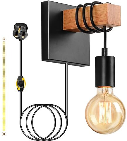 Lightess Industrial Dimmable Wall Light Plug in Stepless Dimming Wall Lamp with Switch Metal Wooden Wall Sconce Indoor E27 Base Wall Lighting Fixture for Living Room Bedroom Restaurant Pub - Black