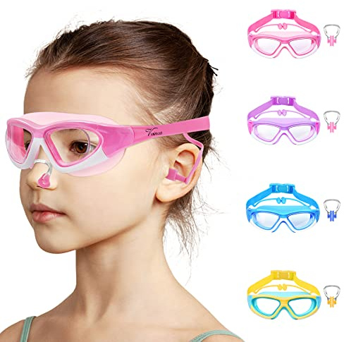 Vvinca Kids Swim Goggles, 180° Clear View Quick Adjusted Strap Swimming Mask with Ear Plugs Nose Clips for Swim Lesson, Anti-Fog No Leak Water Pool Goggles for Children Girl Boy Age 3-12 (Pink)