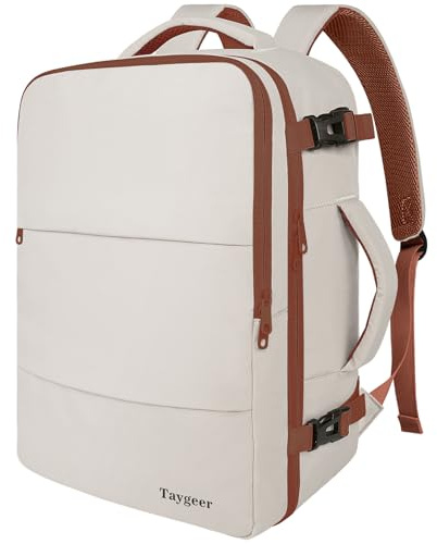 Taygeer Backpack for Women, College Backpack with Laptop Compartment & Shoe Pouch, 35l Travel Laptop Mochila Carry On Luggage, Airline Approved Personal Item Bag For Weekender Gym Hiking, Khaki White