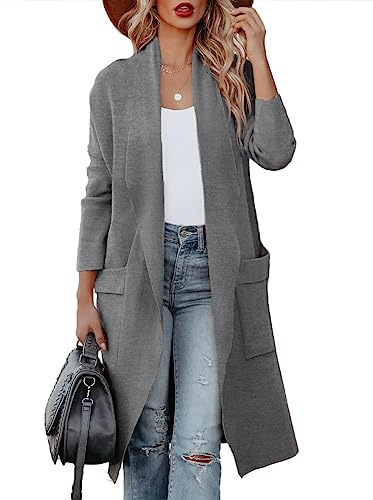 Uusollecy Cardigan Donna Lungo a Maniche Lunghe Drappeggiato Aperto con Tasche Cardigan Donna Autunno Invernale,Grigio Scuro,S