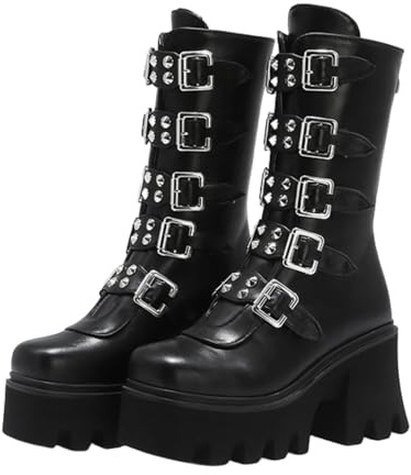 NMMAX Womens Gothic Wedge Platform Chunky High Heel Zipper Punk Girls Boots Buckle INS Mid-calf Motorcycle Ankle Riding Combat Shoes,Black,UK 10