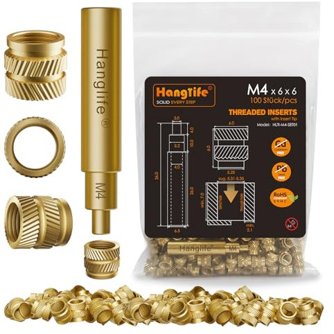 HANGLIFE M4 Insertos Roscados de Ajuste Térmico con Puntas Soldador, Insertos de Tuercas para Componentes de Impresión 3D y Piezas de Plástico - Tuercas Moleteadas Métricas de Latón (100 Piezas)