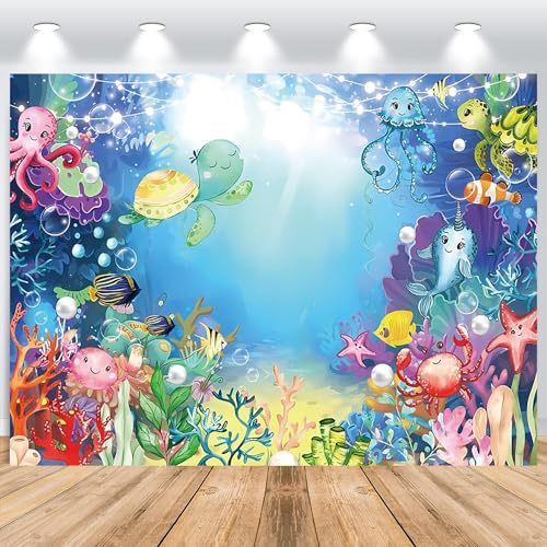 ASDCXZ Fond sous la Mer 2,2 x 1,5 m, Mignon Animal sous-Marin Tortue méduse Crabe Poisson Photographie Fond Enfants Anniversaire bébé Douche fête bannière gâteau Table décoration
