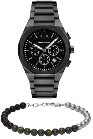 Armani Exchange Men's Black Stainless Steel Watch and Silver-Tone Bracelet, Set
