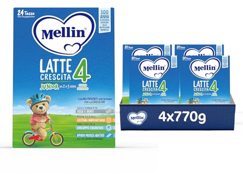 MELLIN 4 - Latte di Crescita in Polvere per Bambini - dal 2° anno compiuto al 3° anno, Gusto Delicato - Confezione da 3080 grammi (4 pezzi da 770g)