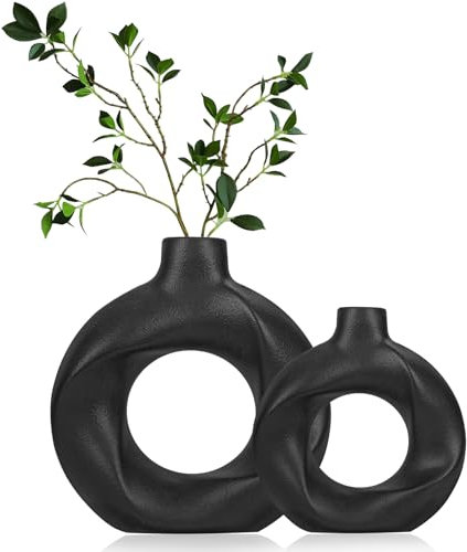 Charmofun Vaso nero, 2 pezzi in ceramica, vaso rotondo opaco, per fiori secchi ed erba della pampa, moderno vaso decorativo con stile boho, per tovaglia e camera da letto (nero (grande + piccolo)