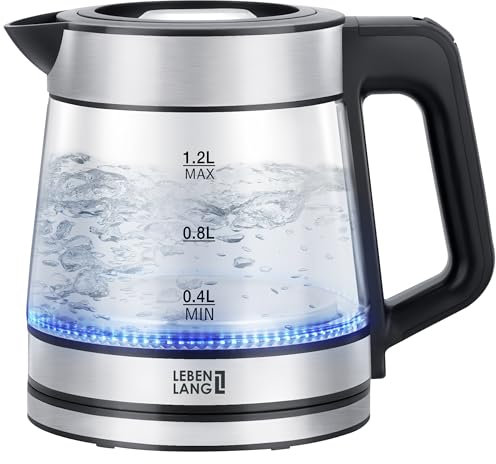 LEBENLANG Glas Wasserkocher klein - 1,2 Liter mit LED Beleuchtung I Edelstahl Design BPA-Frei Wasserkocher 1l 1 2 l Kleiner Reisewasserkocher für Camping & Glas Glaswasserkocher Leiser
