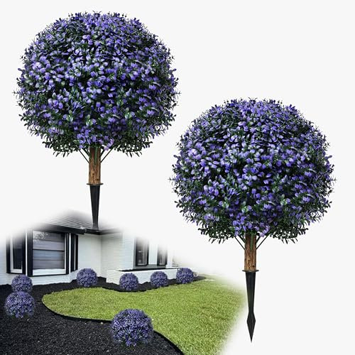 MA3TY Set di 2 alberi di bosso artificiale a sfera, cespugli finti con picchetto per terra, piante artificiali per portico, piante artificiali per fioriere da esterni, resistenti ai raggi UV, viola