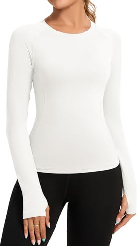Rapbin Women's Long Sleeve Base Layer Basic Sports Tops Womens Athletic Tops Workout Shirt Activewear Compression Tight Shirts for Gym Running Yoga White L