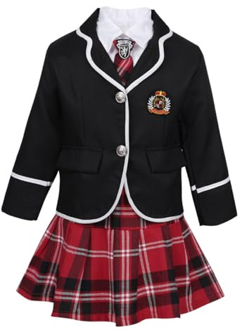 Yruioon Enfants Filles 4 Pièces Uniforme Scolaire à Manches Longues Blazer Veste avec Chemise Habillée Mini Jupe à Carreaux Cravate Ensemble 4-14 Ans Noir 5-6 Ans