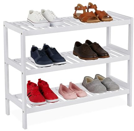 Relaxdays Schuhregal, HxBxT: 55 x 70 x 26 cm, Bambus, 3 Ebenen, für 9 Paar Schuhe, Schuhständer mit Gitterablagen, weiß