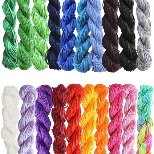 Plkjiu 20 Pieces Premium Silk Nylon Cord, 1mm Macrame Chinese Knotting Cord, Macrame Thread Hair Braiding for Friendship Bracelet Necklace DIY Craft Jewellery Making(20 Colors, 22m Each Color)