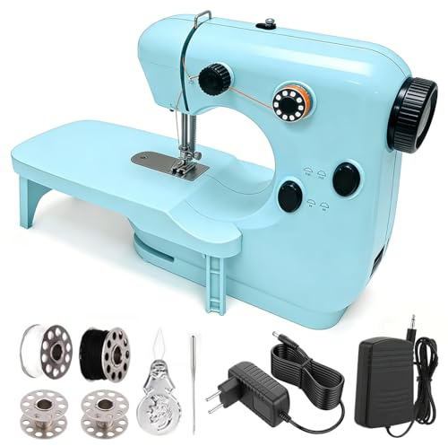 Zinueen Mini Macchina da Cucire per Bambini, Portatile a Doppia Velocità con Tavolo di Espansione e Luce, Facile da Usare, Blu, Plastica