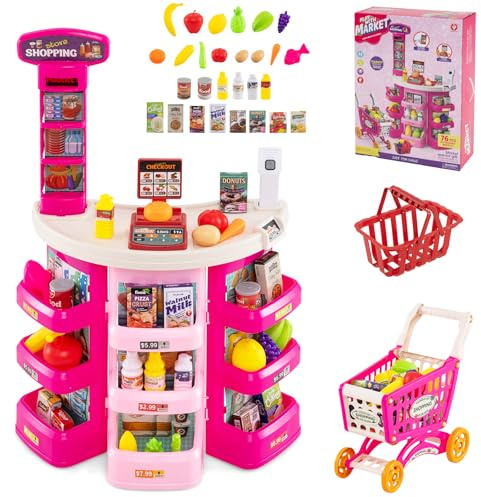 GOPLUS Kaufladen mit Einkaufswagen, Kinder Supermarkt mit Waage, Kasse, Regalen, Scanner, Licht- und Soundeffekten, Spielzeug Kaufmannsladen mit 29 Zubehör, Einkaufsladen für Kinder ab 3 Jahren (Rosa)