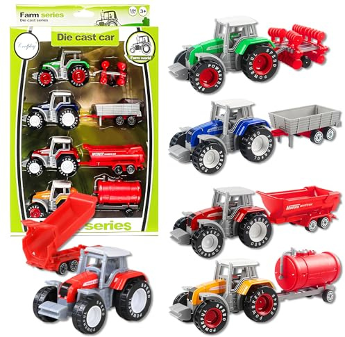 Eymobad Metall Traktor Set mit Abnehmbarem Anhänger, 4-Teiliges Bauernhof Traktor Spielzeug - Robuste Kindertraktor Modelle aus Metall/Kunststoff, Traktorgeschenk für Kinder ab 3 Jahren