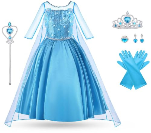 Vicloon Elsa Prinsessa, prinsessa, Elsa-klänning, snödrottning Elsa-kostym, med magiska stavtillbehör, prinsessa, krona, 6 olika storlekar