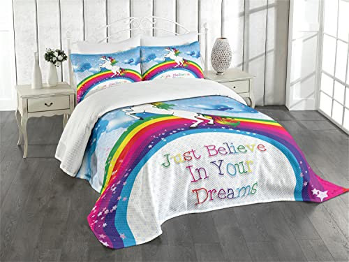 ABAKUHAUS Einhorn Tagesdecke Set, Einhorn Regenbogen-Fantasie, Set mit Kissenbezügen Waschbar, für Doppelbetten 220 x 220 cm, Mehrfarbig Blau