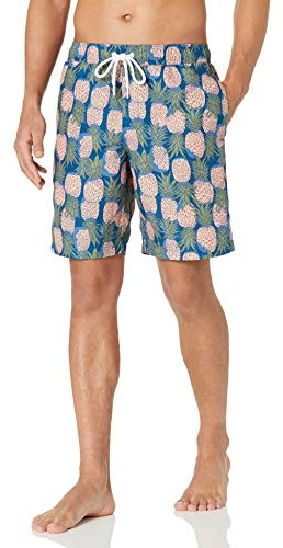 Amazon Essentials Herr 23 cm snabbtorkande badbyxor, marinblå persika anastryck, stor