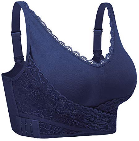 iClosam Womens Sports Bra Front Cross Side Buckle Push Up Bra Sexy V-Neck Lace Bralette Wireless Yoga Running Lounge Bra with Removable Pads M-XXXL Blue